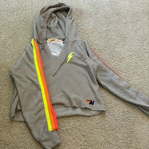 Aviator Nation Women's Bolt Crop Hoodie in Light Grey/ Neon